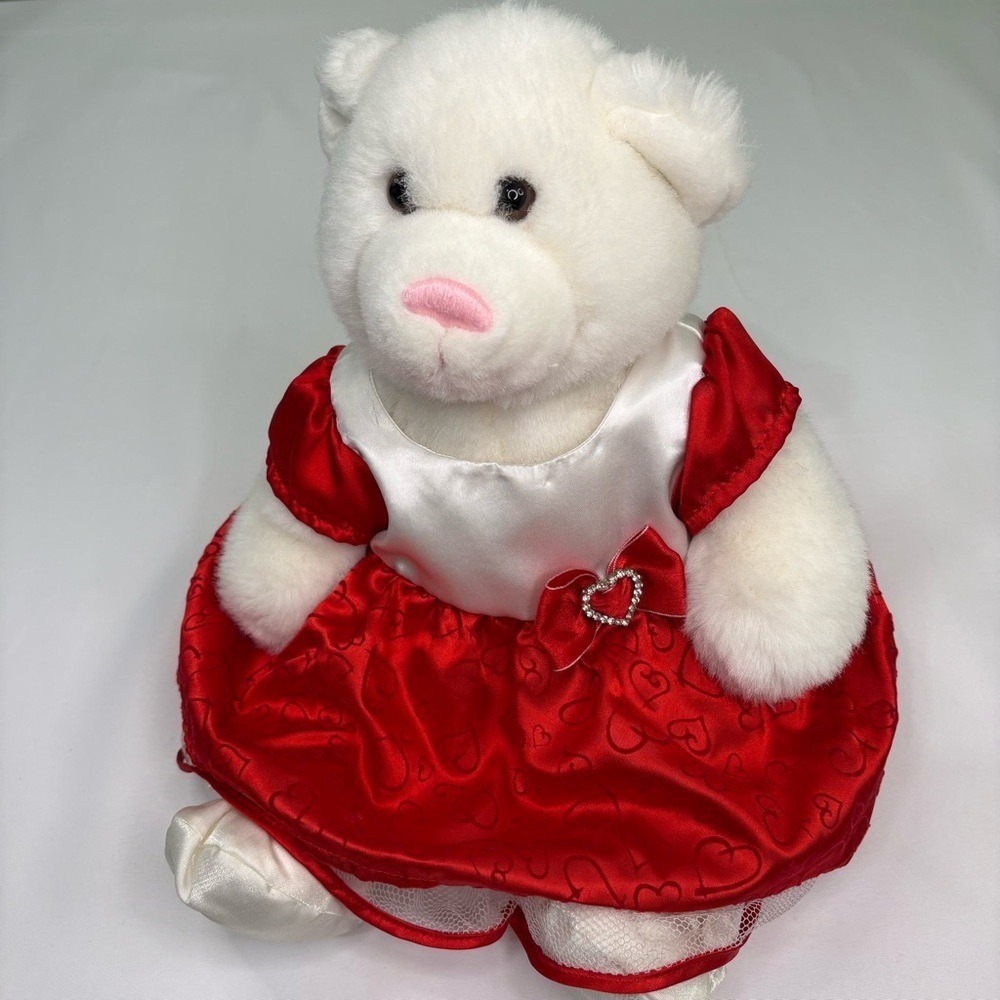 Build a Bear White Teddy Bear in Red Dress with Hearts and Shoes